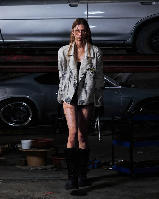 Peoplesense Short Printed Biker Leather Jacket