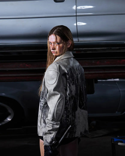 Peoplesense Short Printed Biker Leather Jacket