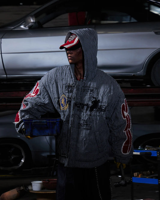 Peoplesense Hooded Plaid Texture Racer Jacket