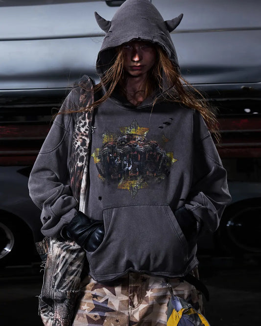 Peoplesense Tiger Print Distressed Hoodie