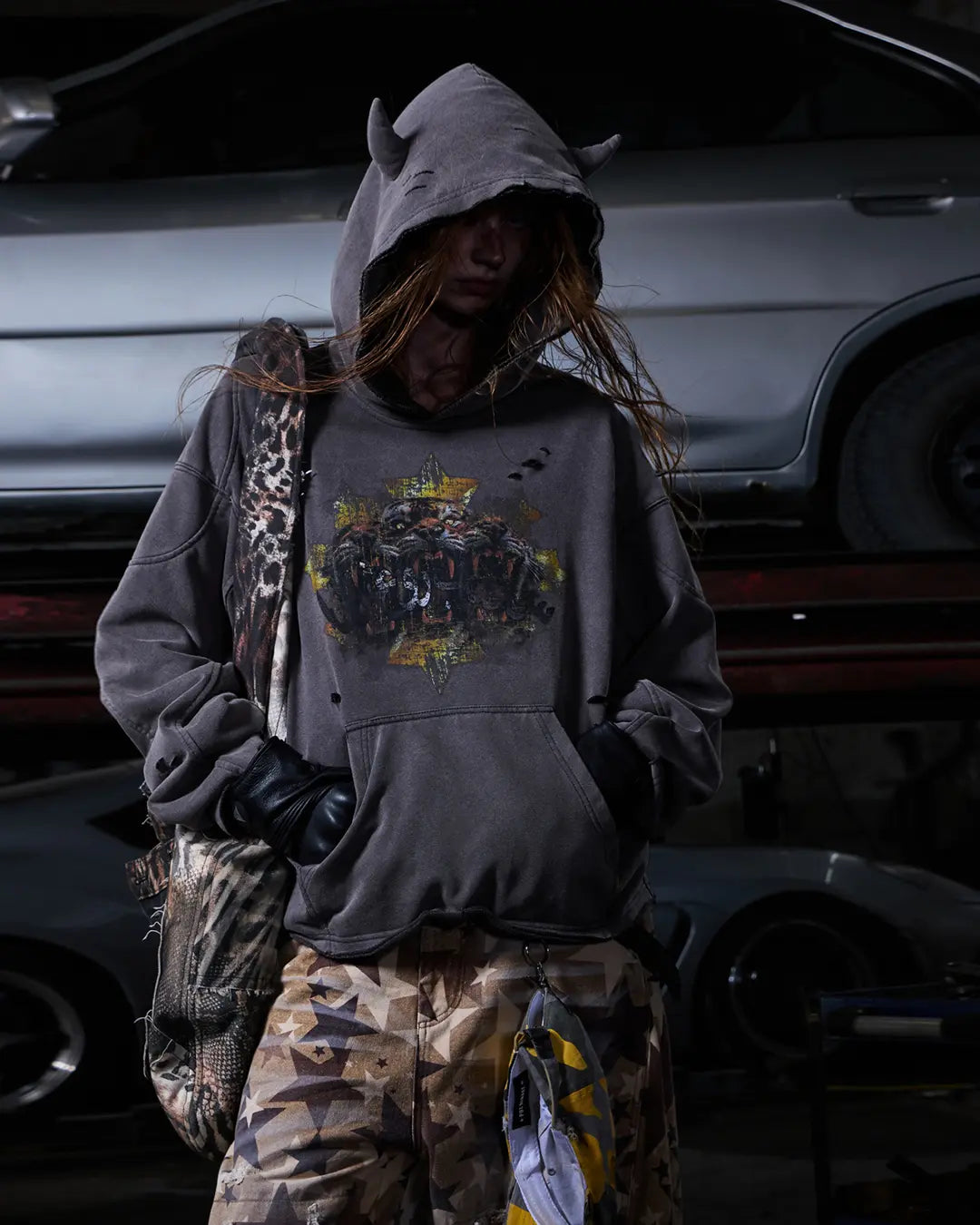 Peoplesense Tiger Print Distressed Hoodie