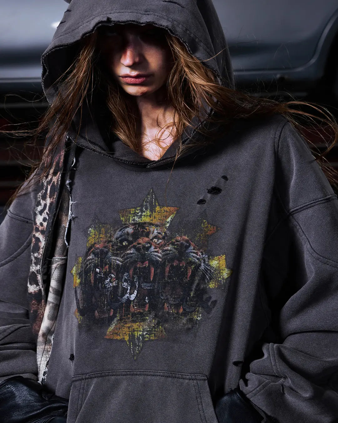 Peoplesense Tiger Print Distressed Hoodie