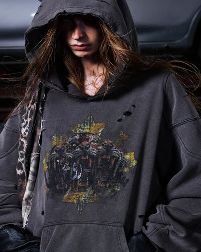 Peoplesense Tiger Print Distressed Hoodie