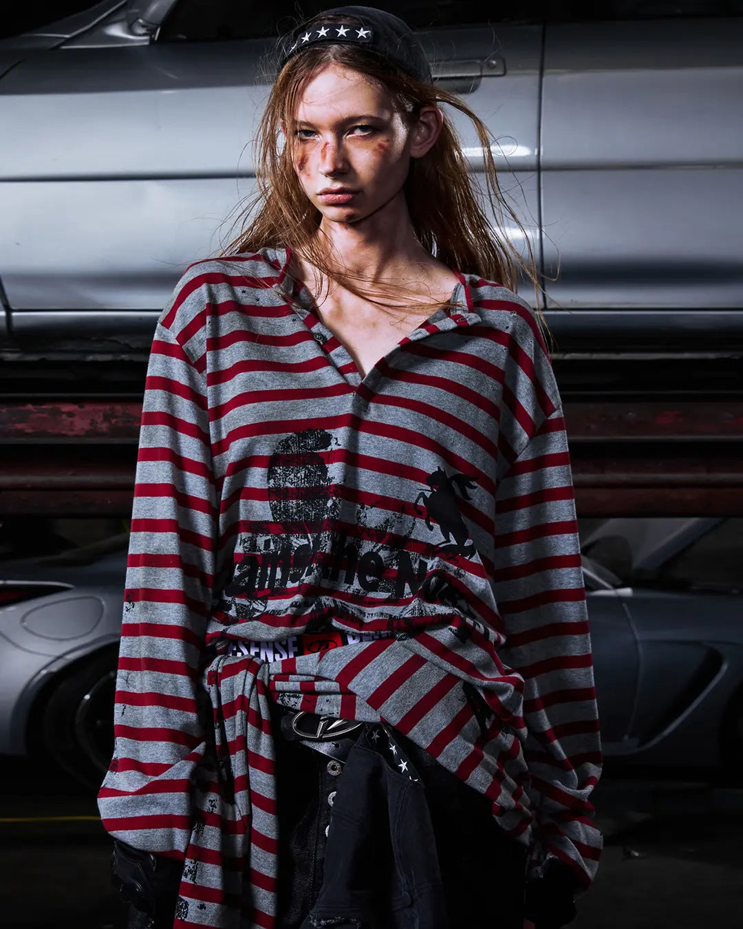 Peoplesense Vintage Red and Gray Striped Knit Top