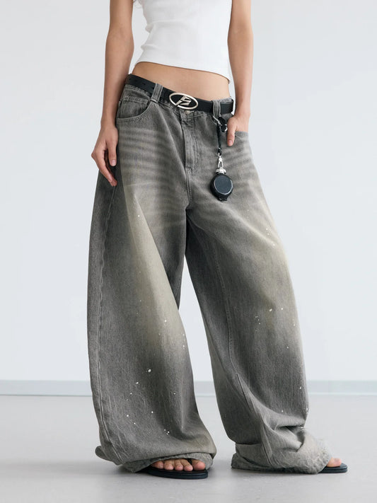 Peoplesense Vintage Ink-Splatter Grey Wide-Leg Jeans