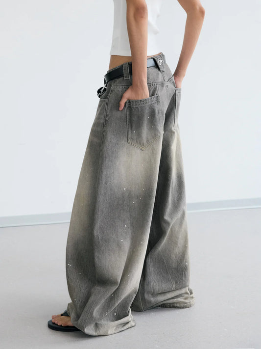 Peoplesense Vintage Ink-Splatter Grey Wide-Leg Jeans