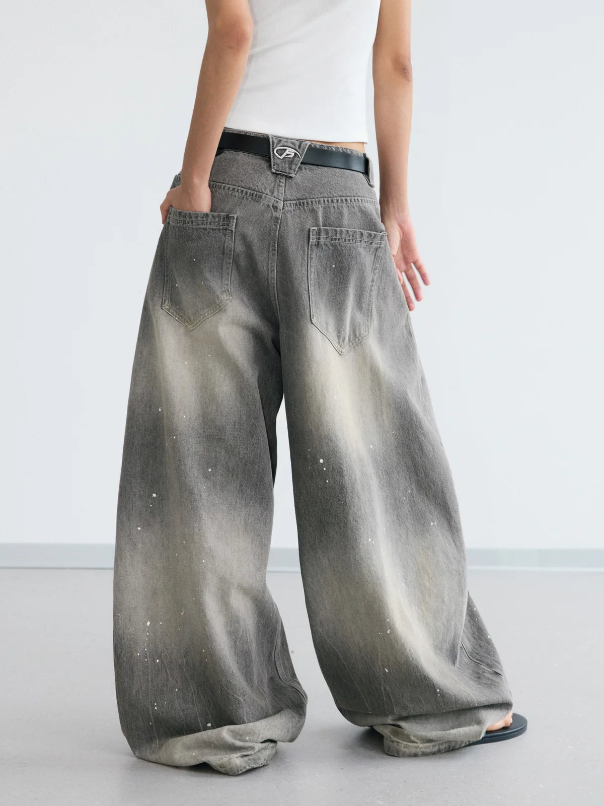 デニム・ジーパン DARKFOG Vintage Ink Splash Washed Gray Jeans Peoplesense Vintage Ink-Splatter Grey Wide-Leg Jeans