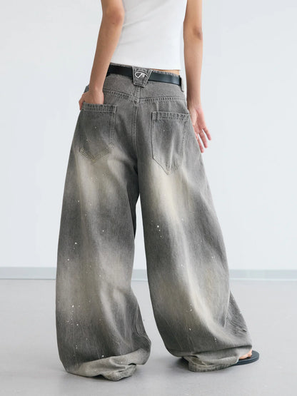 Peoplesense Vintage Ink-Splatter Grey Wide-Leg Jeans