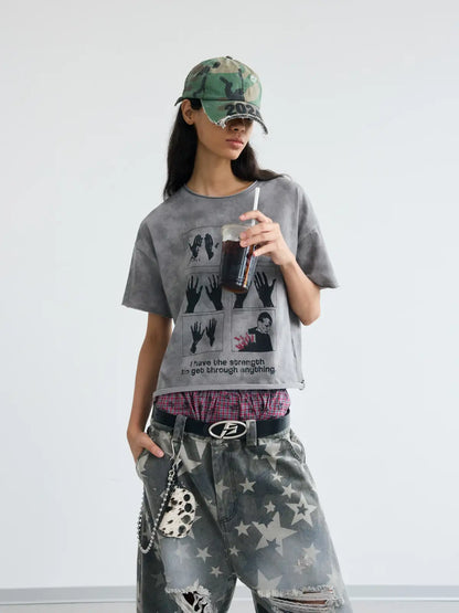 Peoplesense Cropped Hem Graphic Grey Tee