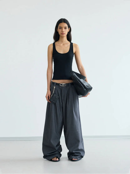 Peoplesense Pinstripe Pleated Trousers Grey