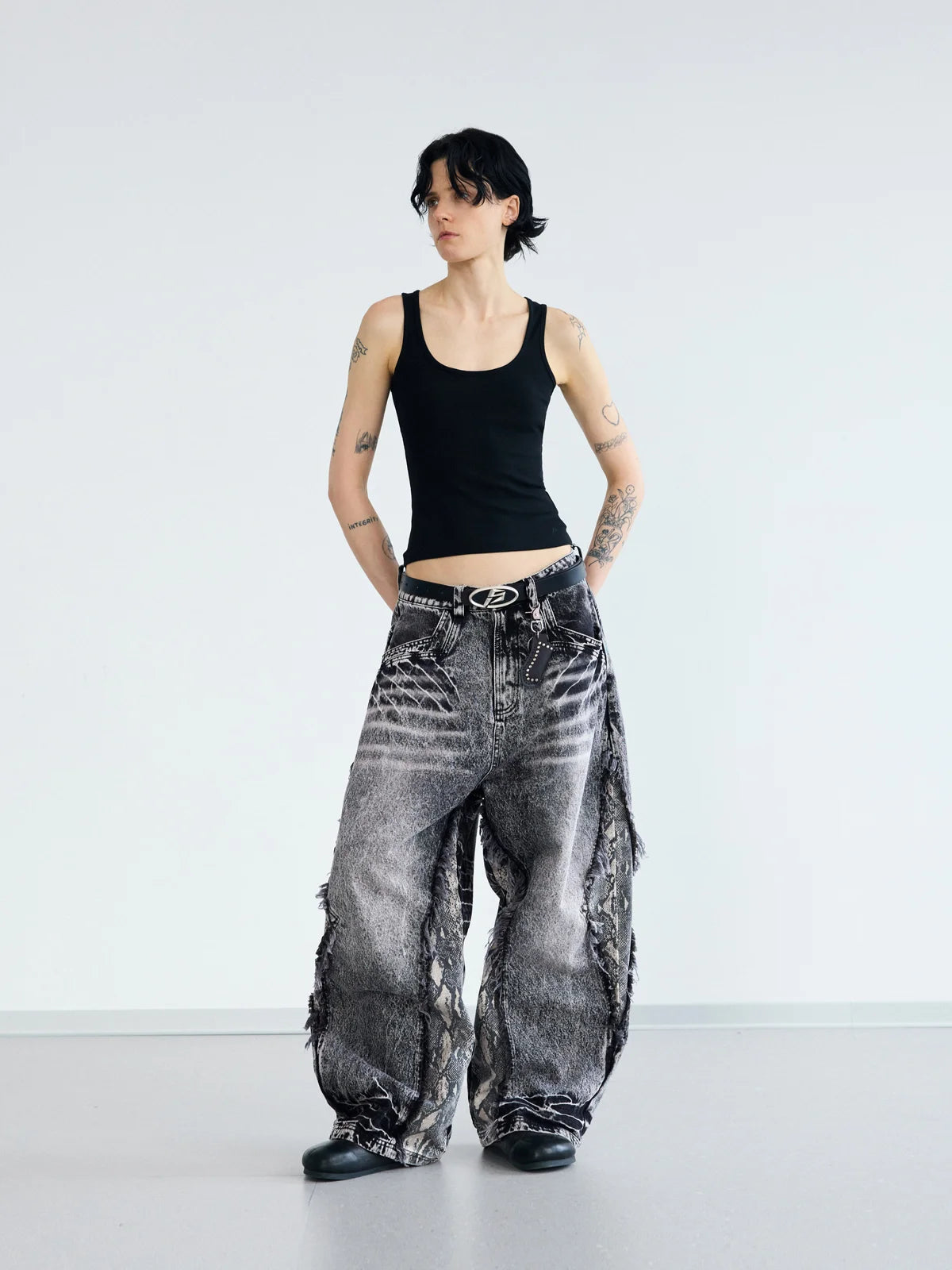 Peoplesense Raw-edge Snake Print Baggy Jeans