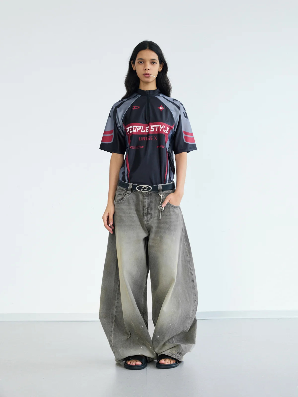 Peoplesense Vintage Ink-Splatter Grey Wide-Leg Jeans