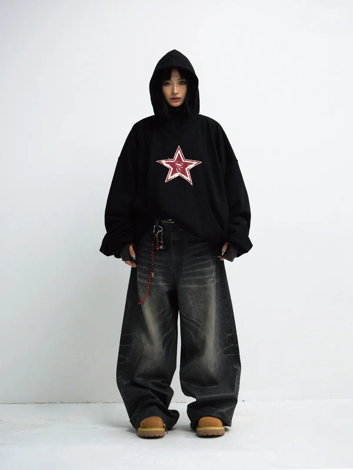 PeopleStyle Black Embroidered Print Oversized Hoodie