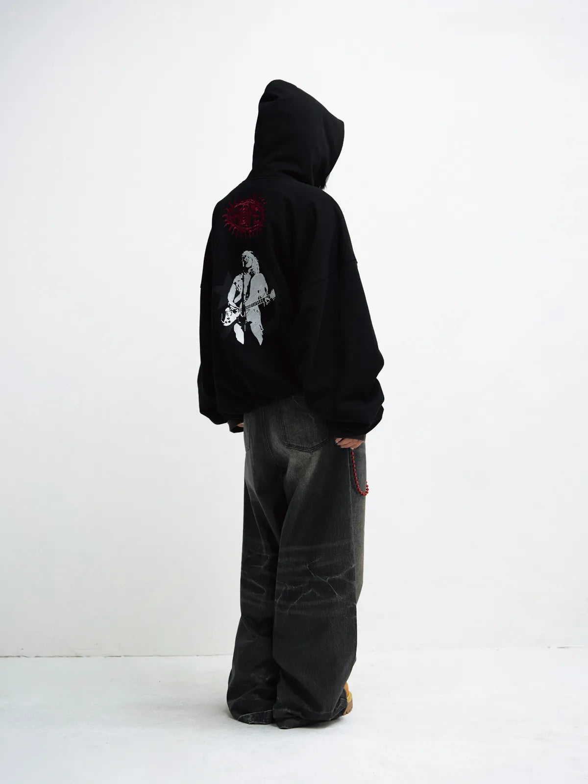 PeopleStyle Black Embroidered Print Oversized Hoodie