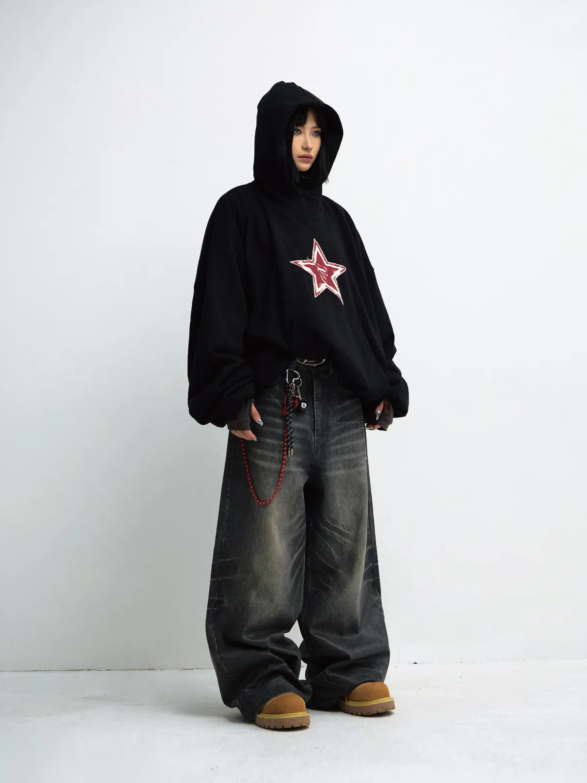 PeopleStyle Black Embroidered Print Oversized Hoodie