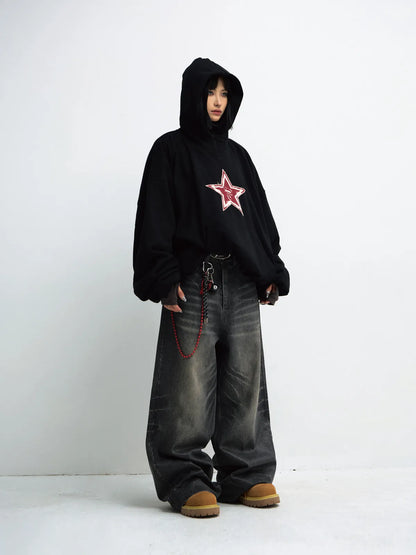 PeopleStyle Black Embroidered Print Oversized Hoodie