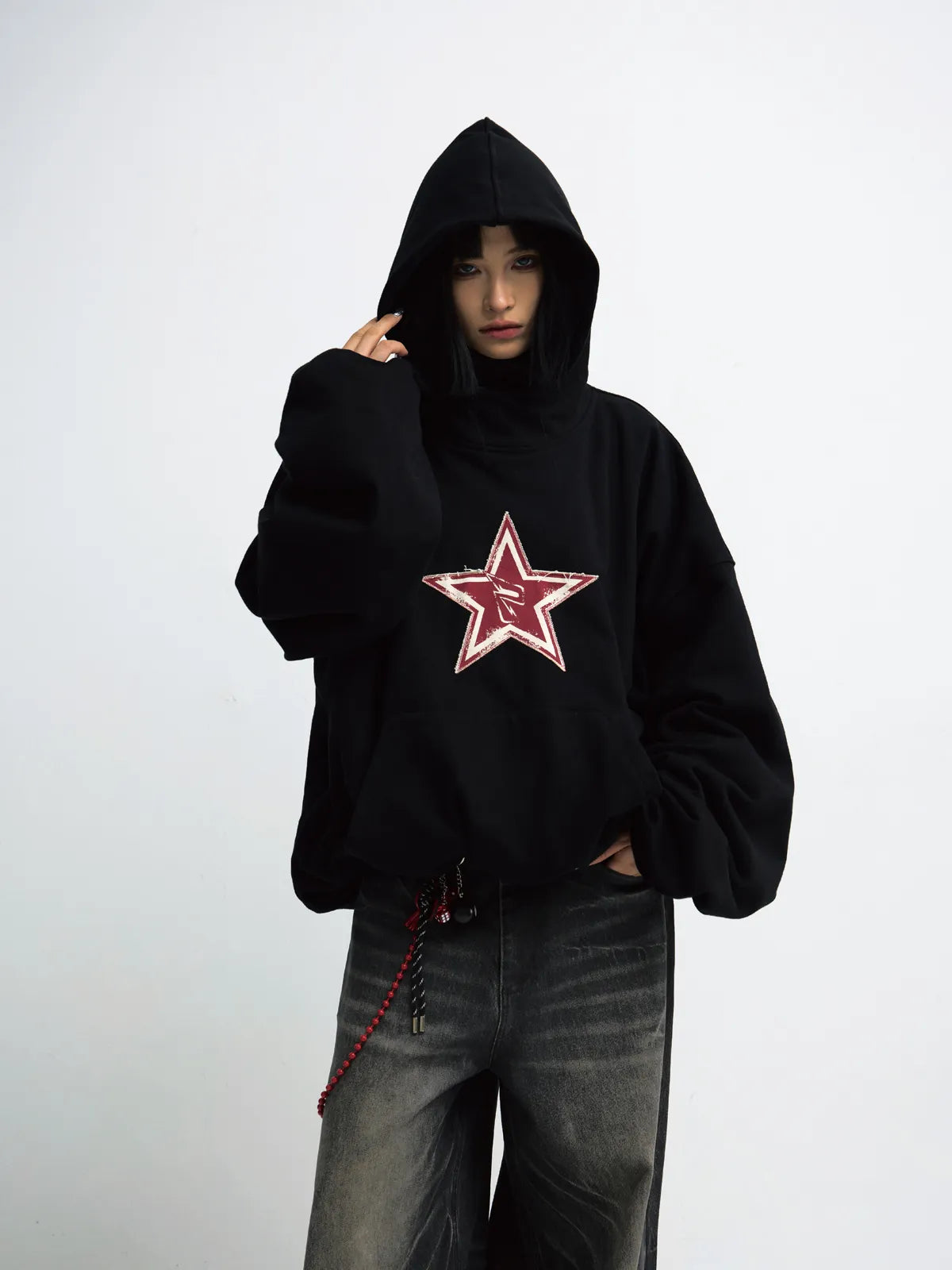 PeopleStyle Black Embroidered Print Oversized Hoodie
