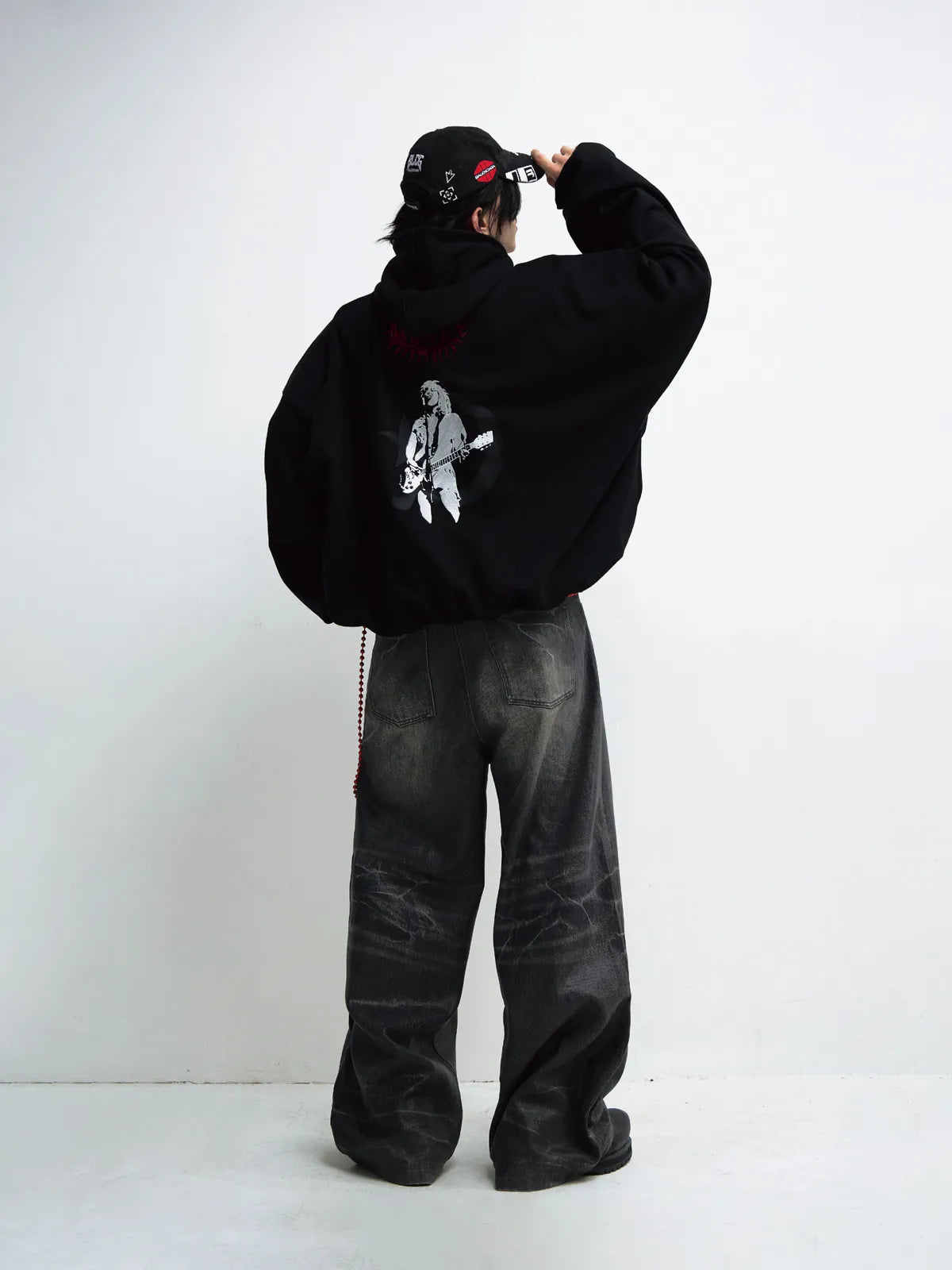PeopleStyle Black Embroidered Print Oversized Hoodie