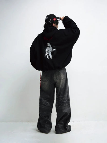 PeopleStyle Black Embroidered Print Oversized Hoodie