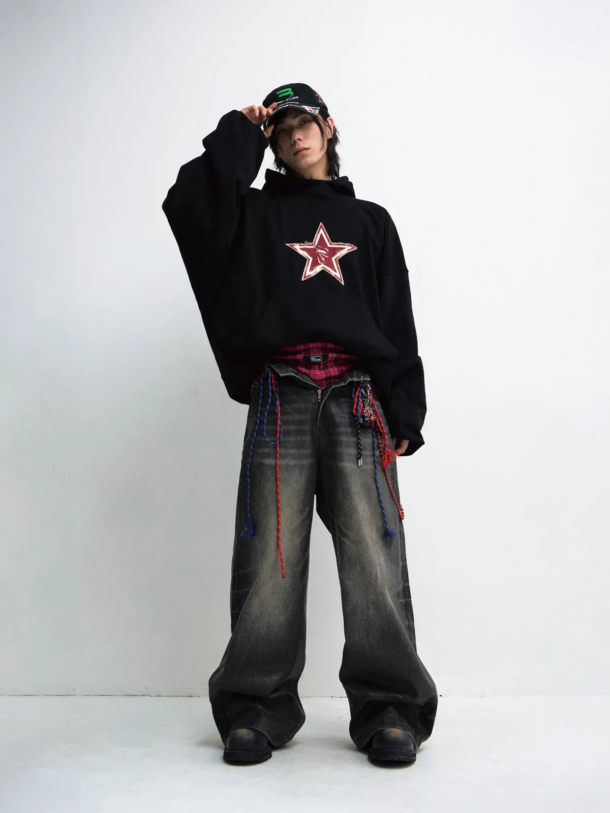 PeopleStyle Black Embroidered Print Oversized Hoodie