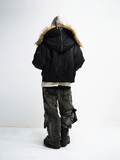 PeopleStyle  Short Flight Jacket with Fur Hood Black