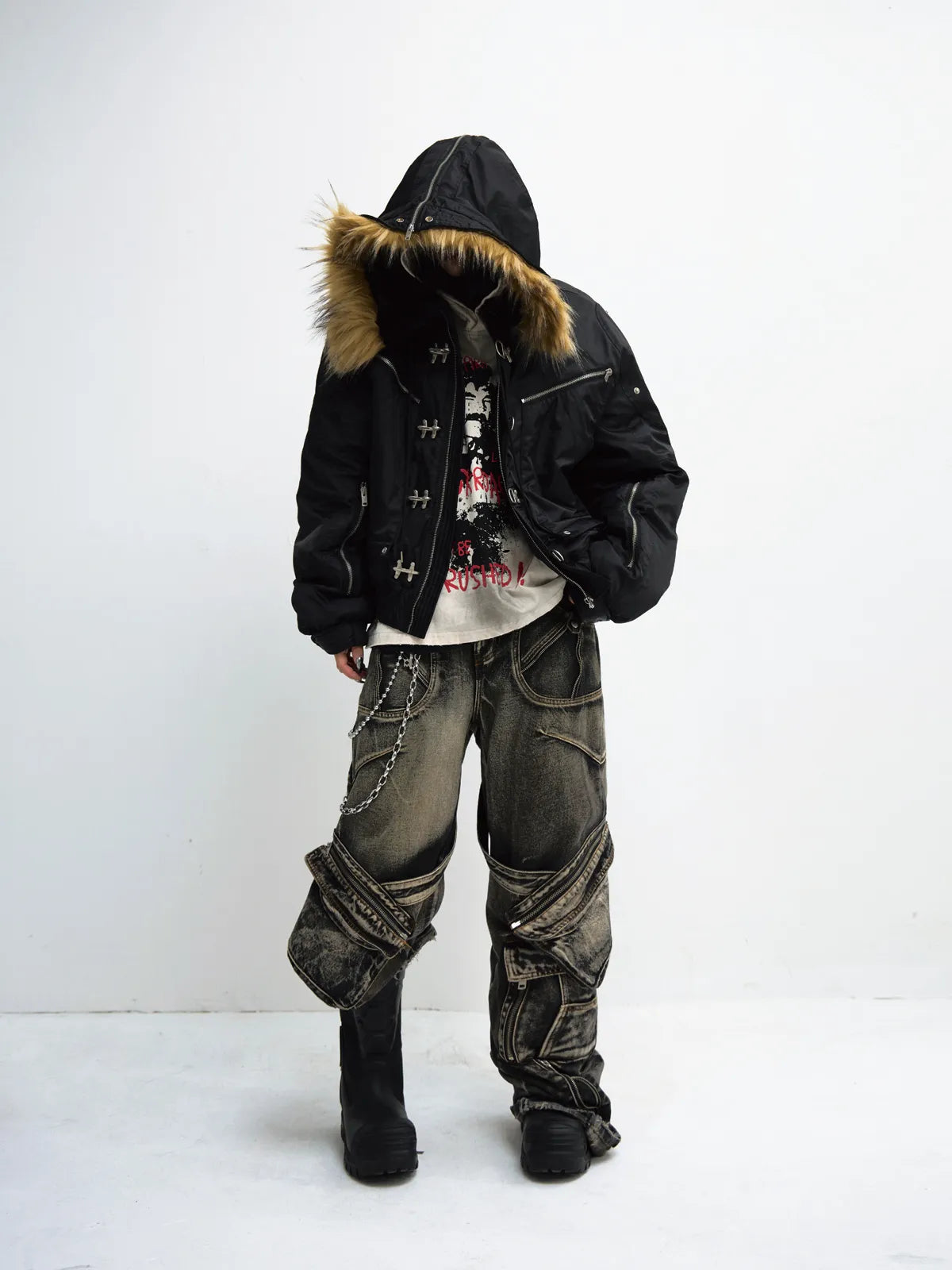 PeopleStyle  Short Flight Jacket with Fur Hood Black