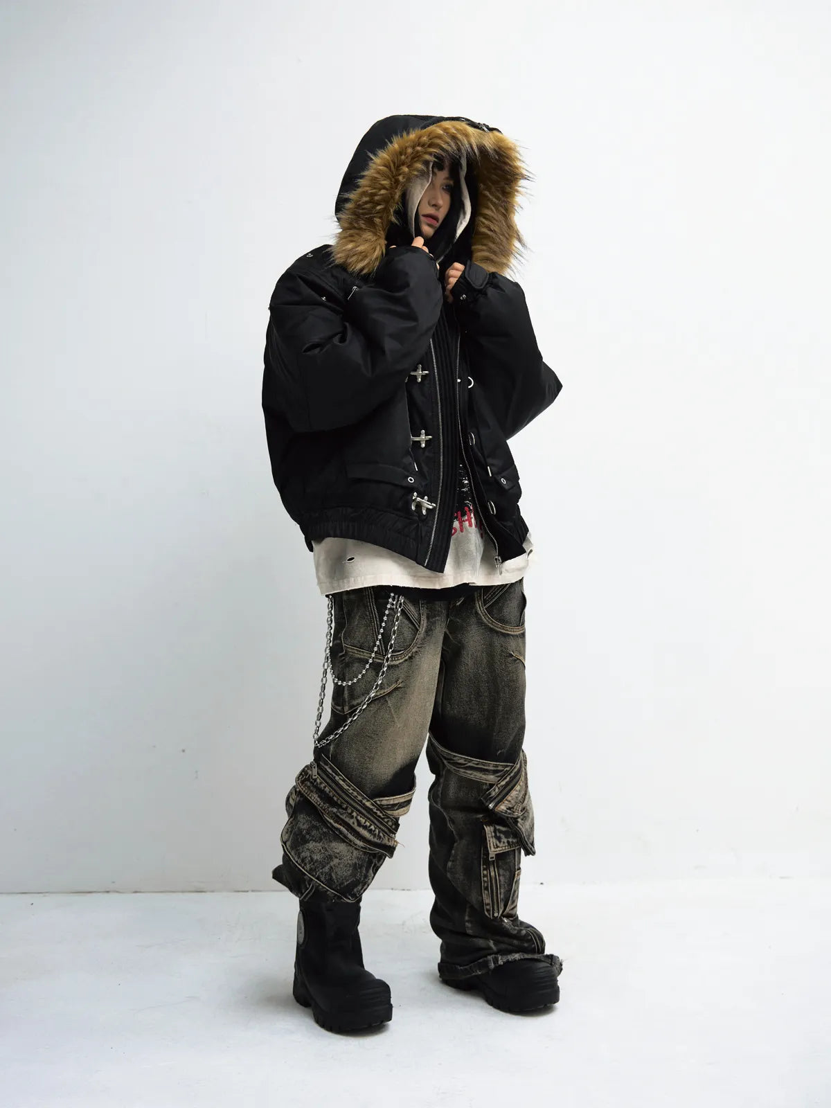 PeopleStyle  Short Flight Jacket with Fur Hood Black