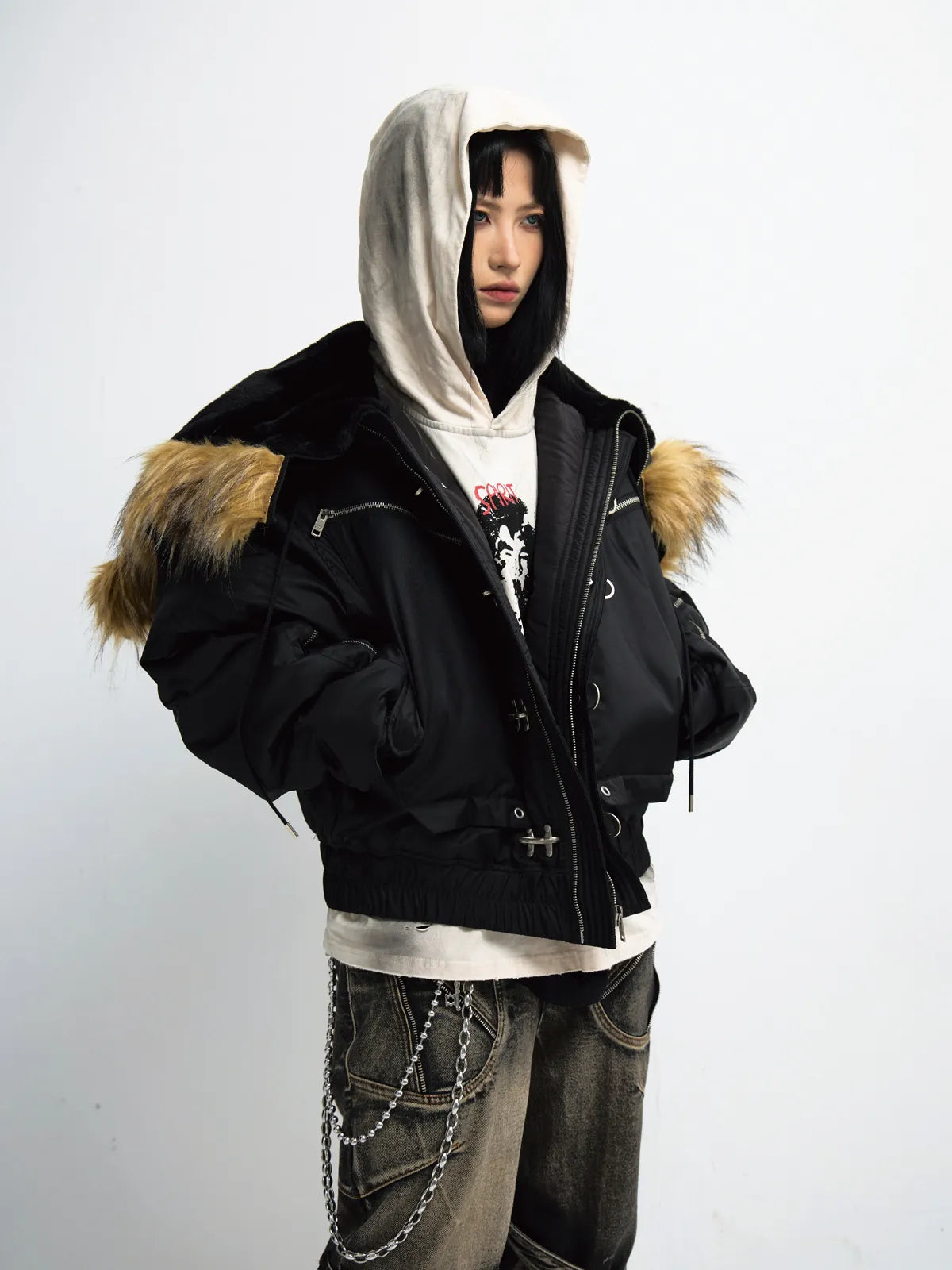 PeopleStyle  Short Flight Jacket with Fur Hood Black