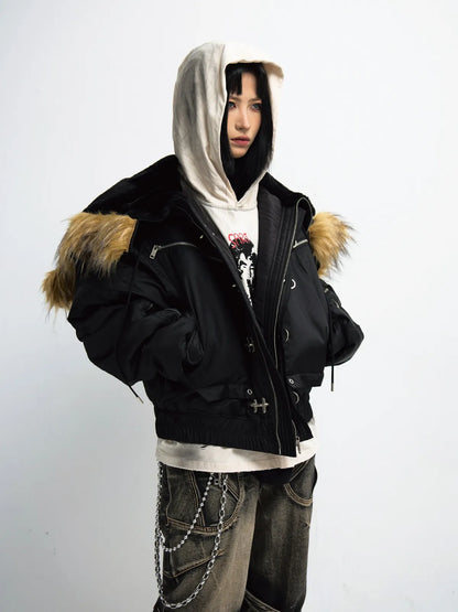 PeopleStyle  Short Flight Jacket with Fur Hood Black
