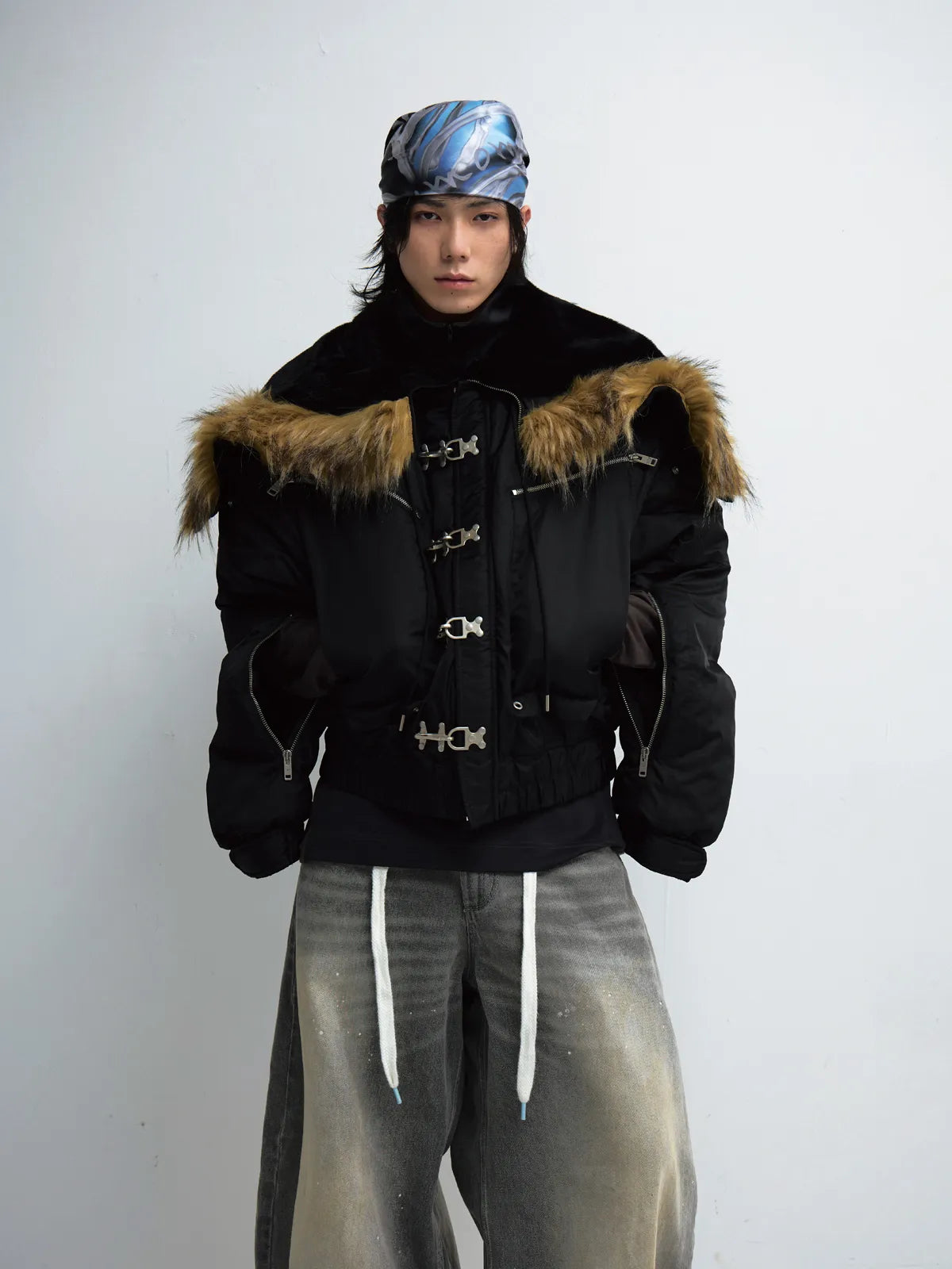 PeopleStyle  Short Flight Jacket with Fur Hood Black