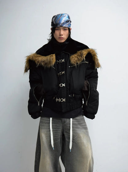 PeopleStyle  Short Flight Jacket with Fur Hood Black