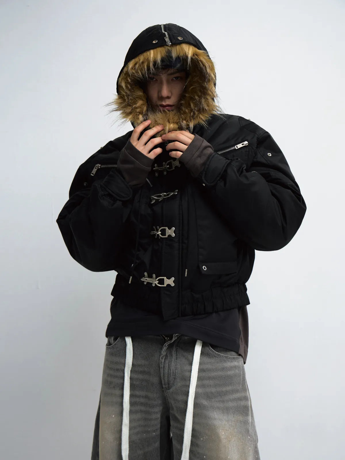PeopleStyle  Short Flight Jacket with Fur Hood Black