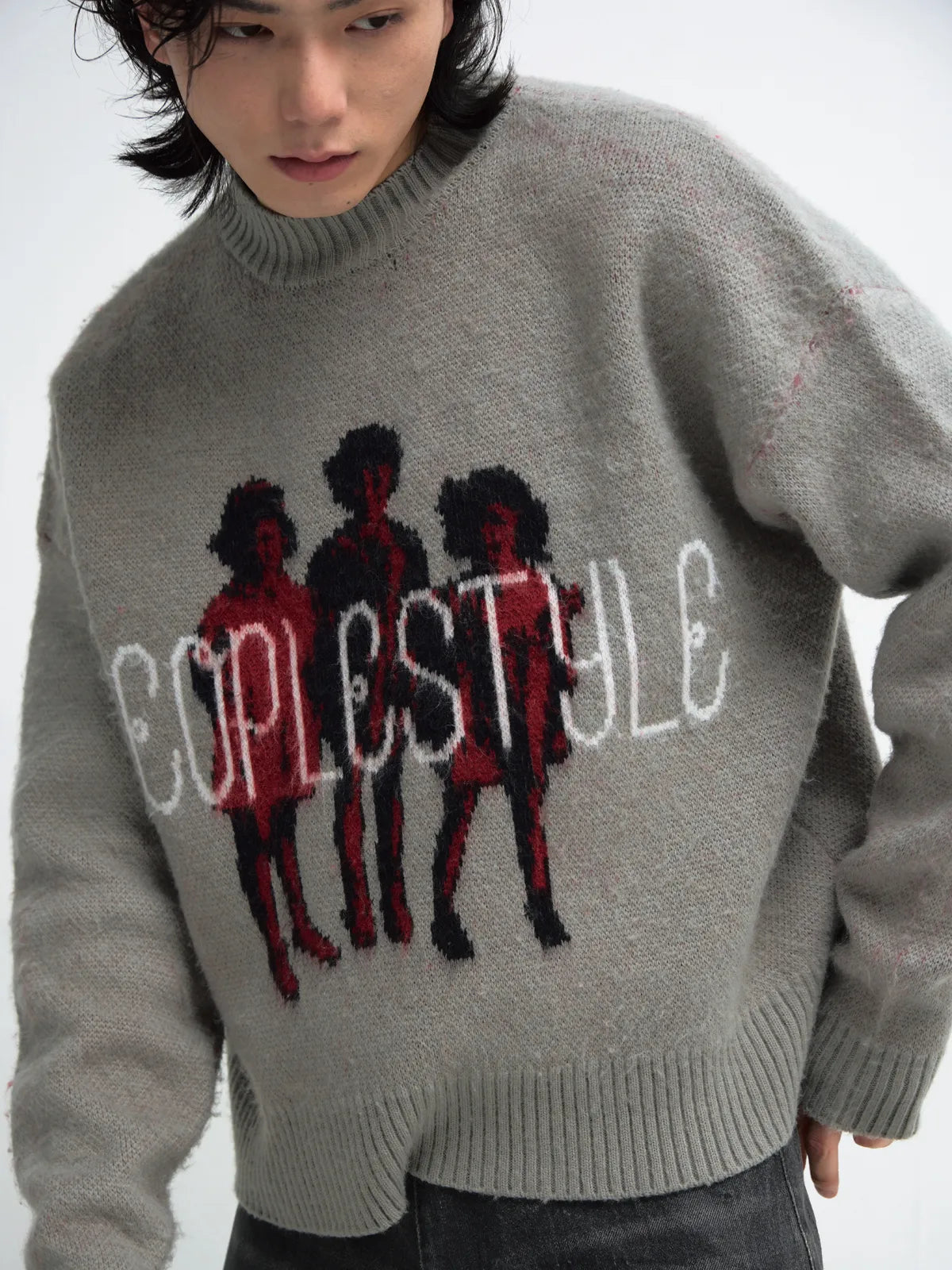 PeopleStyle Grey Casual Printed Pullover Sweater
