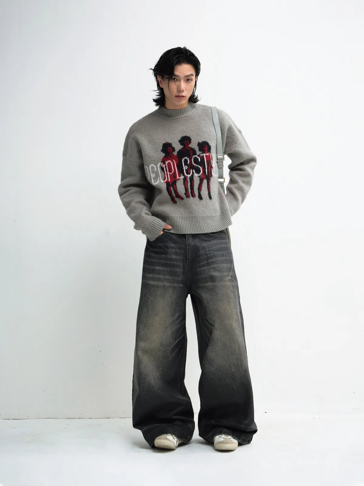 PeopleStyle Grey Casual Printed Pullover Sweater
