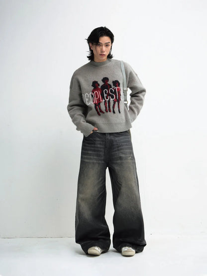 PeopleStyle Grey Casual Printed Pullover Sweater