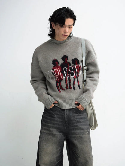 PeopleStyle Grey Casual Printed Pullover Sweater