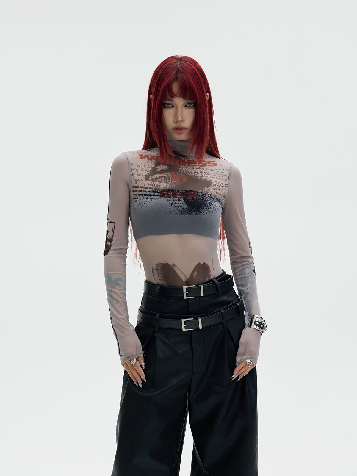 PeopleStyle Printed Sheer Skin Turtleneck Top