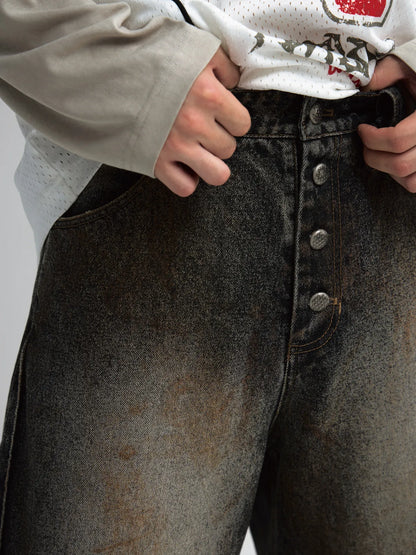 PeopleStyle Mud-Dyed Straight-Leg Jeans with Camouflage Hem