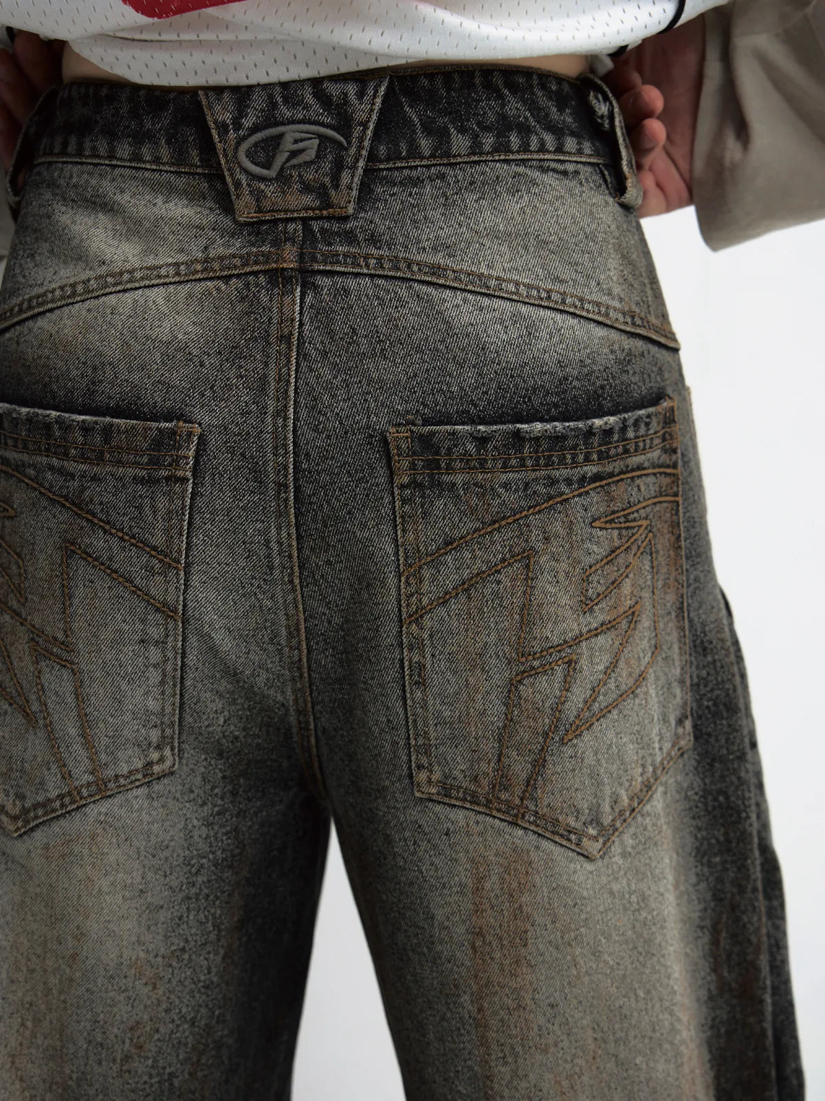 PeopleStyle Mud-Dyed Straight-Leg Jeans with Camouflage Hem