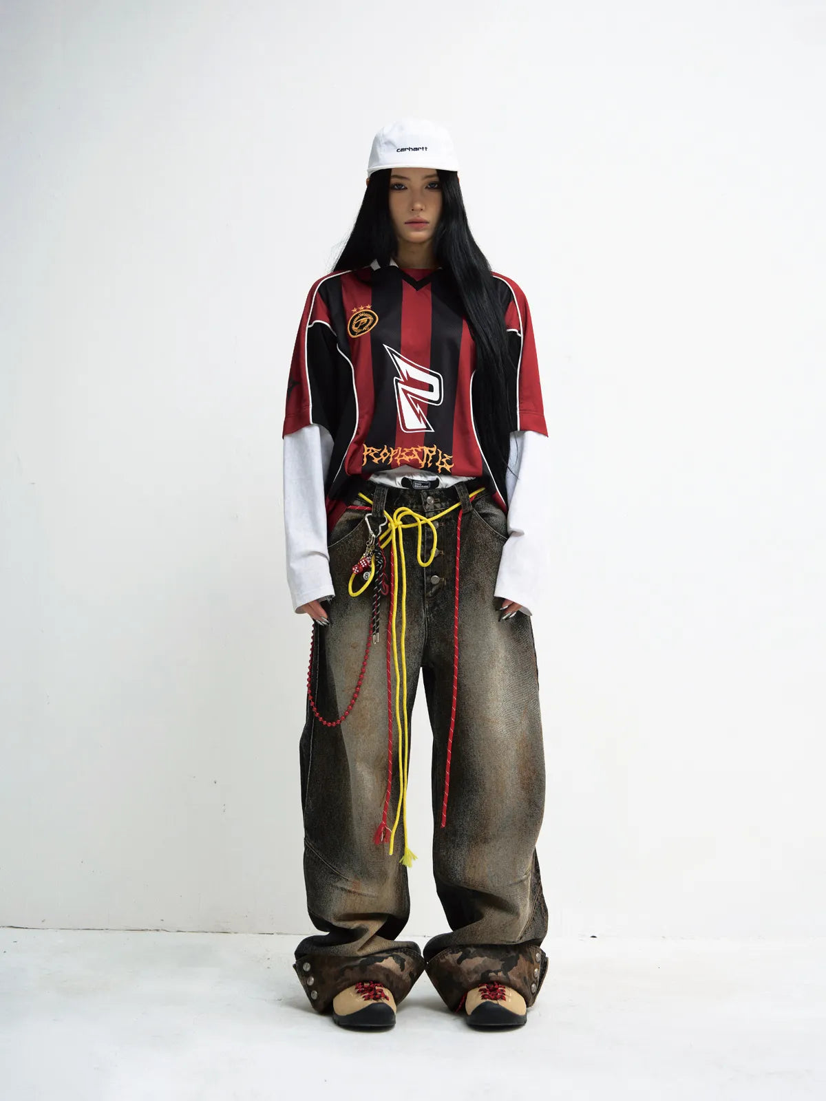 PeopleStyle Mud-Dyed Straight-Leg Jeans with Camouflage Hem