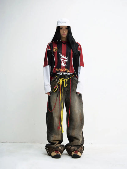 PeopleStyle Mud-Dyed Straight-Leg Jeans with Camouflage Hem