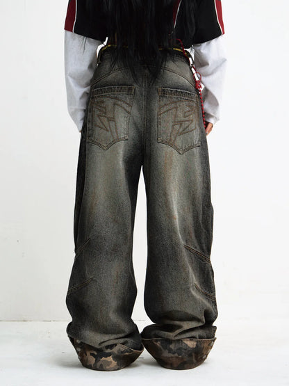 PeopleStyle Mud-Dyed Straight-Leg Jeans with Camouflage Hem