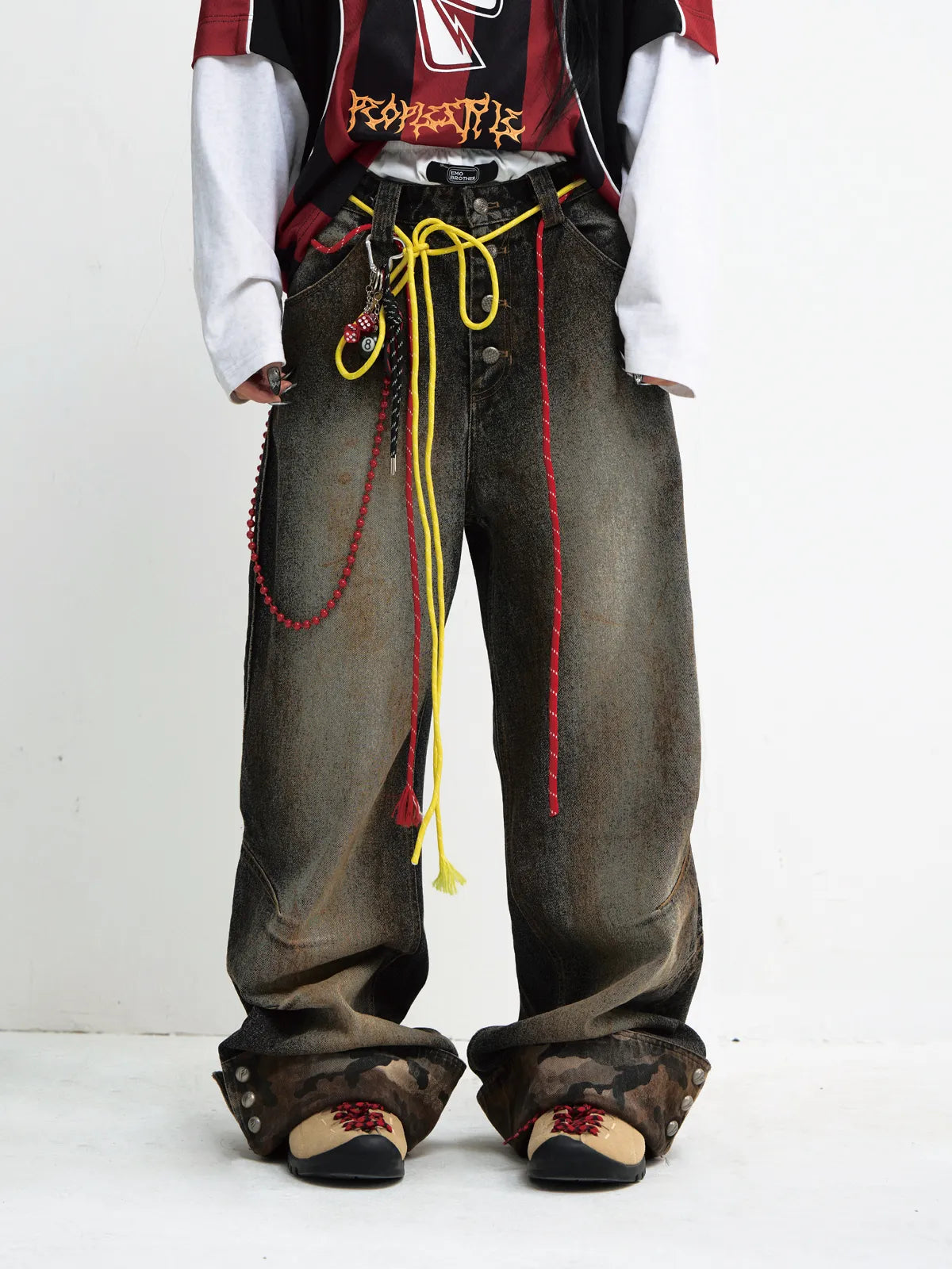 PeopleStyle Mud-Dyed Straight-Leg Jeans with Camouflage Hem
