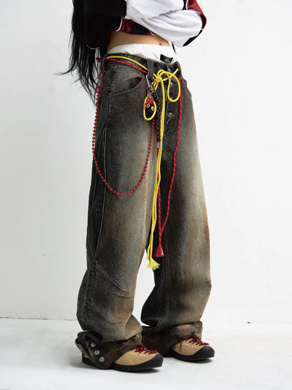 PeopleStyle Mud-Dyed Straight-Leg Jeans with Camouflage Hem