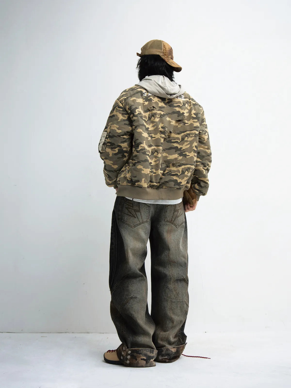 PeopleStyle Mud-Dyed Straight-Leg Jeans with Camouflage Hem