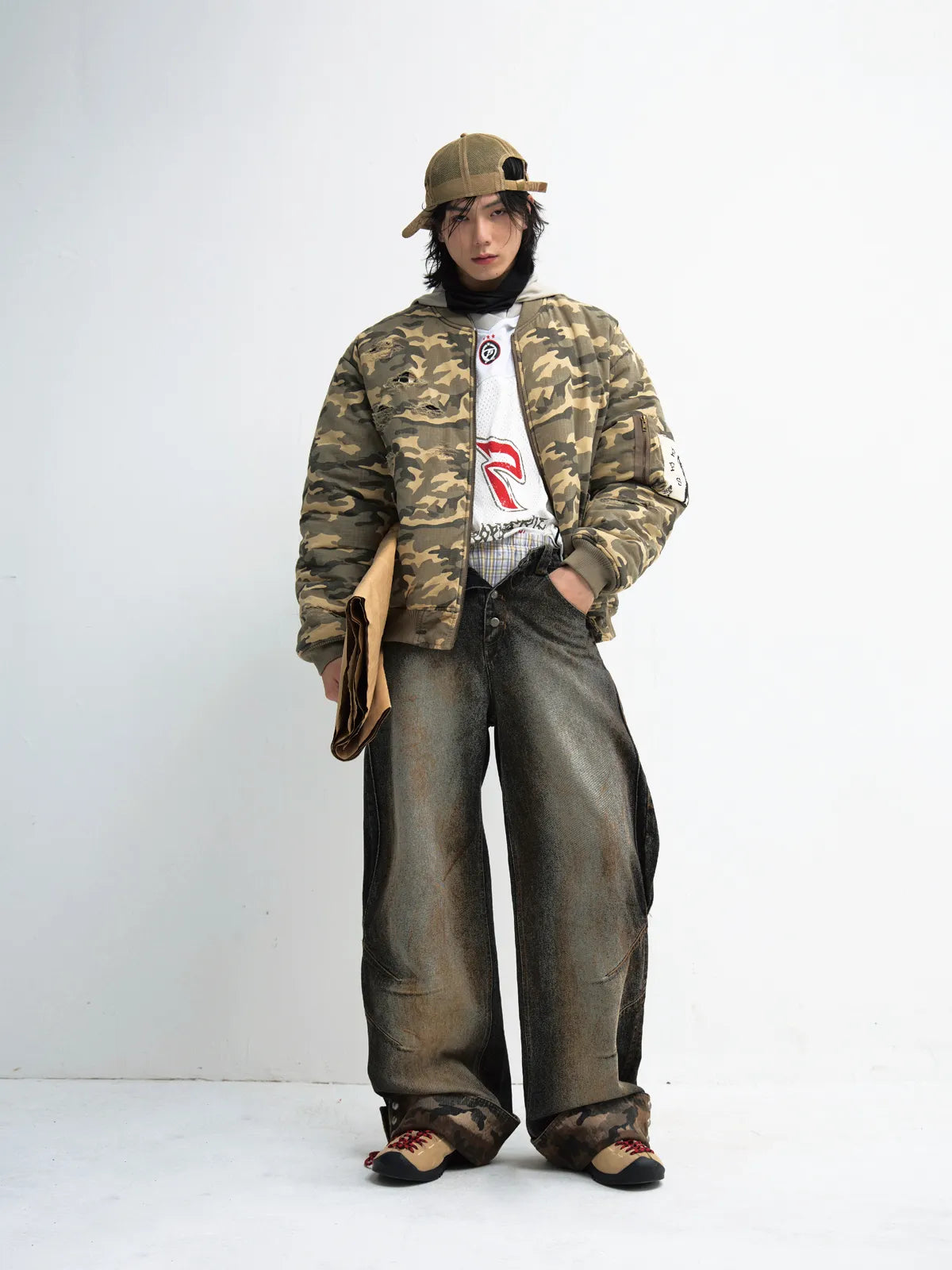 PeopleStyle Mud-Dyed Straight-Leg Jeans with Camouflage Hem