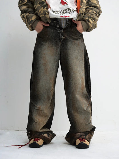 PeopleStyle Mud-Dyed Straight-Leg Jeans with Camouflage Hem