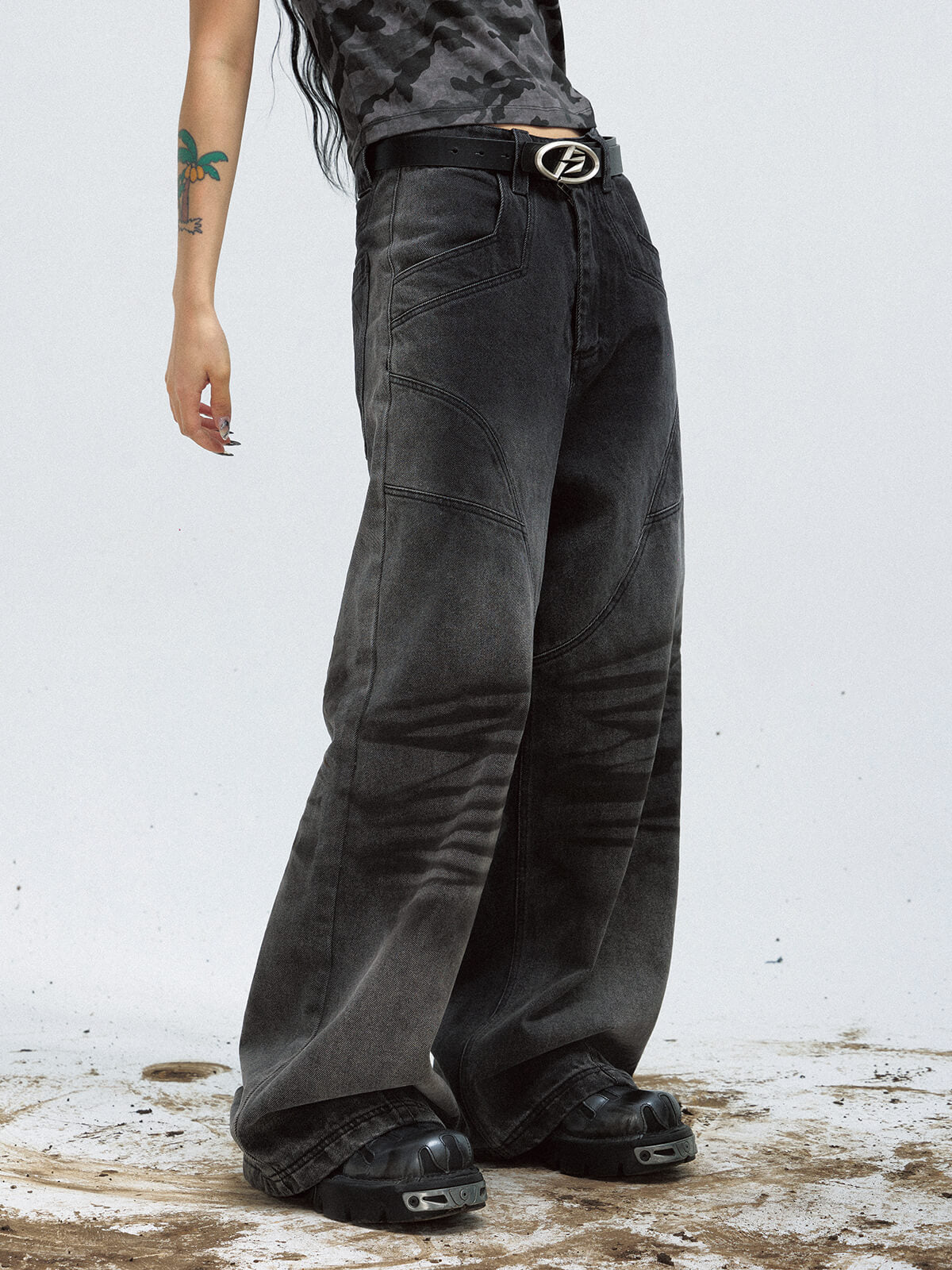 PeopleStyle Vintage Black Wide-Leg Baggy Jeans