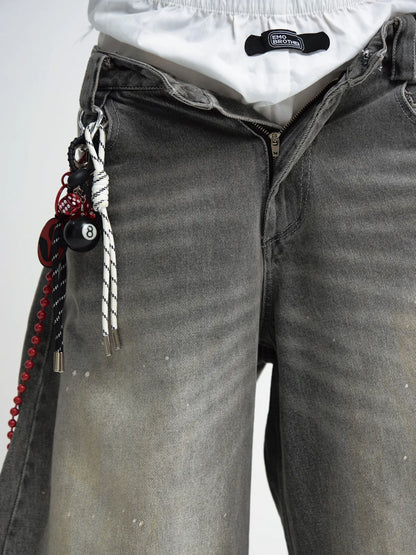PeopleStyle Vintage Ink-Splatter Grey Wide-Leg Jeans