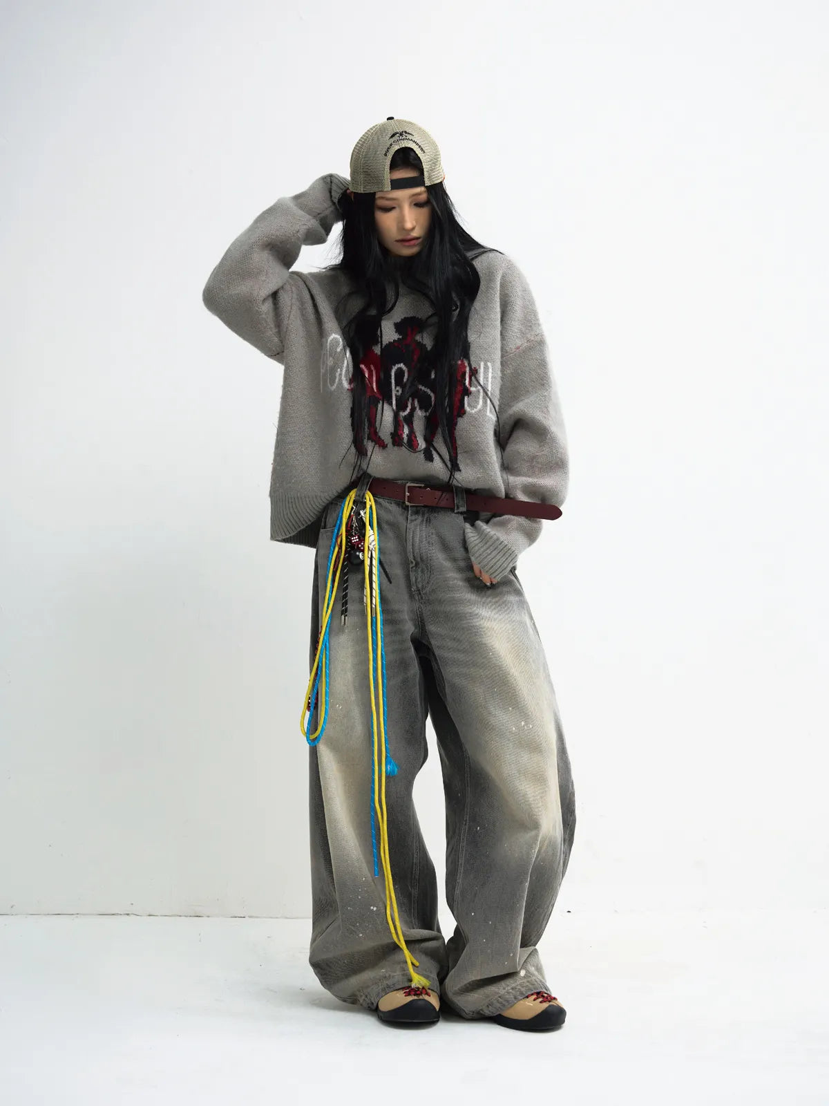 PeopleStyle Vintage Ink-Splatter Grey Wide-Leg Jeans